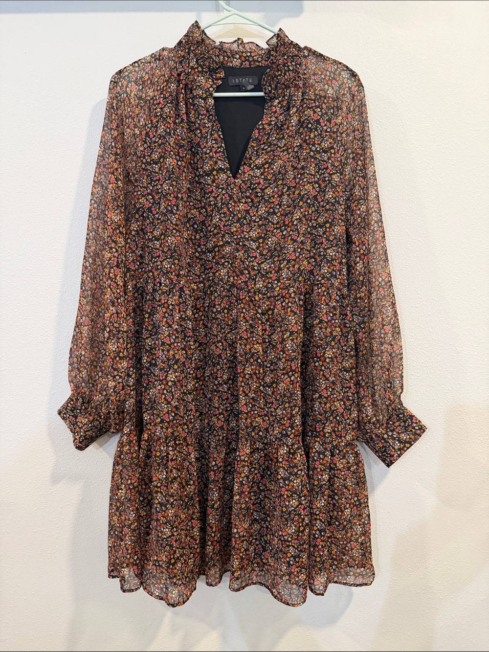 1. State Black and Floral V-Neck Dress with Sheer Sleeves (Size: L)